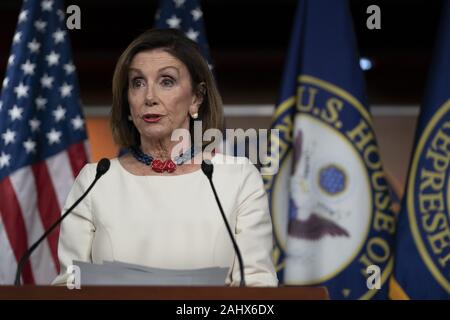 Washington, District of Columbia, USA. 26th Sep, 2019. U.S. House Speaker Nancy Pelosi, a Democrat from California, speaks to members of the media during her weekly news conference in Washington, DC, U.S., on Thursday, Sept. 26, 2019. Pelosi reiterated the reasons why House Democrats have begun the impeachment process against President Donald Trump. Credit: Alex Edelman/ZUMA Wire/Alamy Live News Stock Photo