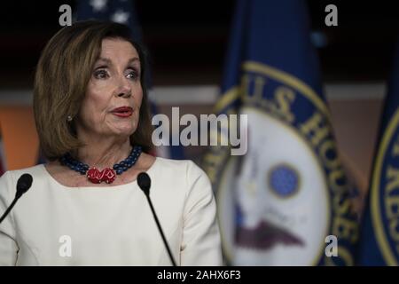 Washington, District of Columbia, USA. 26th Sep, 2019. U.S. House Speaker Nancy Pelosi, a Democrat from California, speaks to members of the media during her weekly news conference in Washington, DC, U.S., on Thursday, Sept. 26, 2019. Pelosi reiterated the reasons why House Democrats have begun the impeachment process against President Donald Trump. Credit: Alex Edelman/ZUMA Wire/Alamy Live News Stock Photo