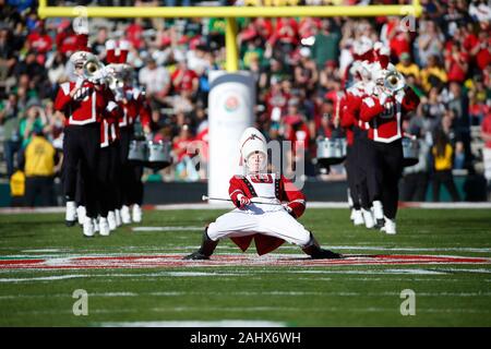 Pasadena, California, USA. 01st Jan, 2020. Wisconsin Badgers marching band in action before the Rose Bowl game between the Oregon Ducks and the Wisconsin Badgers at the Rose Bowl in Pasadena, California. Mandatory Photo Credit : Charles Baus/CSM/Alamy Live News