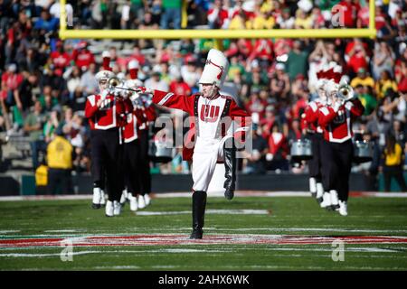 Pasadena, California, USA. 01st Jan, 2020. Wisconsin Badgers marching band in action before the Rose Bowl game between the Oregon Ducks and the Wisconsin Badgers at the Rose Bowl in Pasadena, California. Mandatory Photo Credit : Charles Baus/CSM/Alamy Live News