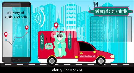 delivery of sushi and rolls. japan food delivery. vector illustration. Stock Vector