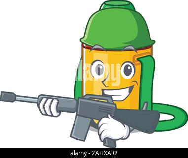 A mascot of kids water bottle Scroll Army with machine gun Stock Vector