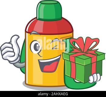 https://l450v.alamy.com/450v/2ahxaeg/happy-face-kids-water-bottle-scroll-character-with-gift-box-2ahxaeg.jpg