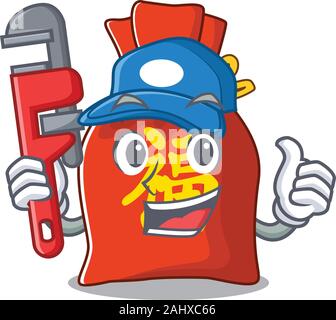 Smart Plumber chinese money bag Scroll on cartoon character design Stock Vector