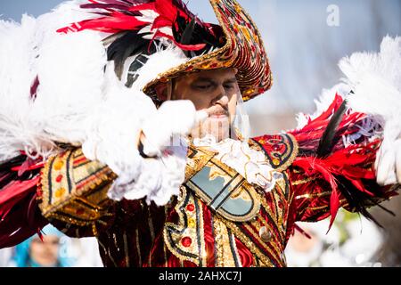 Philadelphia Pennsylvania / USA. Dozens of Mummers Brigades and String Bands performed in the annual New Years Day tradition sporting colorful and guady outfits. January 01, 2020. Credit: Chris Baker Evens / Alamy Live News. Stock Photo