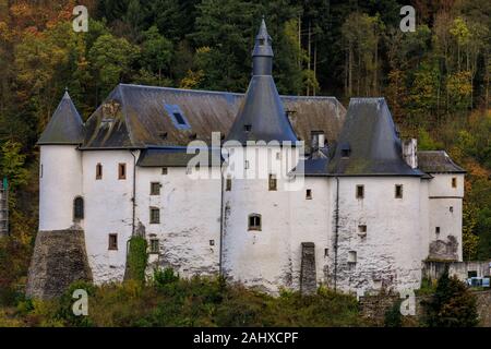 Medieval Clervaux Castle in Luxembourg, dating back to the 12th century with a museum dedicated to WW II Battle of the Bulge in the Ardennes Stock Photo