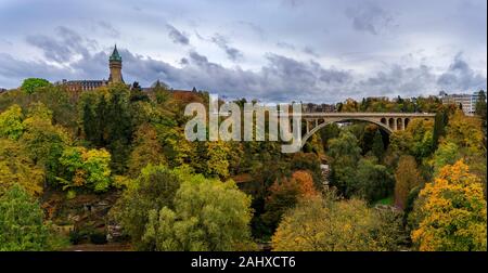 Aerial view of the Adolphe Bridge across the Petrusse and BCEE or Luxemburgish Spuerkeess Clock Tower in the UNESCO World Heritage Site of Luxembourg Stock Photo