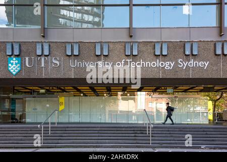 Sydney, Australia - April 25, 2016: University of Technology Sydney building in Ultimo with person walking Stock Photo