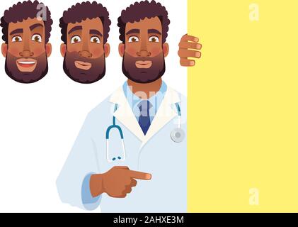 African doctor holding blank signboard. Doctor vector illustration set Stock Vector