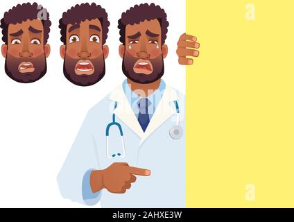 African doctor holding blank signboard. Doctor vector illustration set Stock Vector