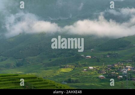 Aerial view of Muong Hoa valley villages among rice terraces. Summer nature background Stock Photo