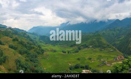 Aerial panorama of spectacular rice terraces in mountain valley Stock Photo