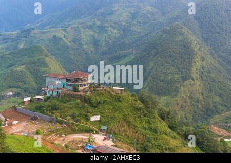 Sapa, Vietnam - August 19, 2017: Aerial view on hill top restaurant Haven Sapa in Muong Hoa valley with rice terraces and villages Stock Photo
