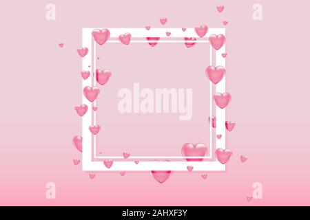 3d vector saint valentine s day white square frame with pink heart on pink background. Poster and invitation Stock Vector