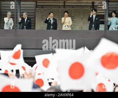 (L-R)Japan's Empress Emerita Michiko, Emperor Emeritus Akihito, Emperor Naruhito, Empress Masako, Crown Prince Akishino, Crown Princess Kiko wave to well-wishers during a new year greeting at the East Plaza, Imperial Palace in Tokyo, Japan, on Thursday, January 2, 2020. Japan's Emperor Naruhito delivered his first new year's address on his enthronement last year, expressing his sympathy to survivors of recent natural disasters and hope will be a peaceful year without any disaster and for the happiness for the people in Japan and around the world. Photo by Keizo Mori/UPI Stock Photo