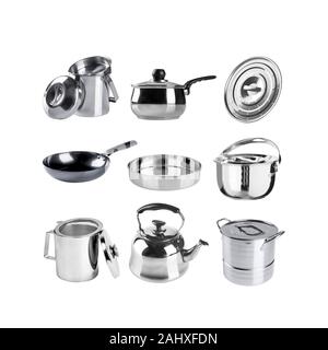 Kitchenware or Group of stainless steel kitchenware on background new Stock Photo