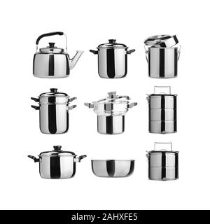 Kitchenware or Group of stainless steel kitchenware on background new Stock Photo