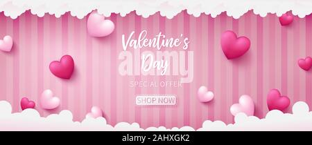Valentine banner consist of two tone colors of heart shape such as pearl pink and deep pink over sweet pink pattern background Stock Vector