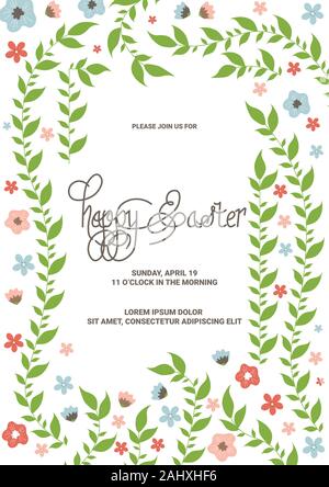 Vector Happy Easter templates with flowers, floral frames and wreaths, rabbit and typographic design. - Vector illustration Stock Vector