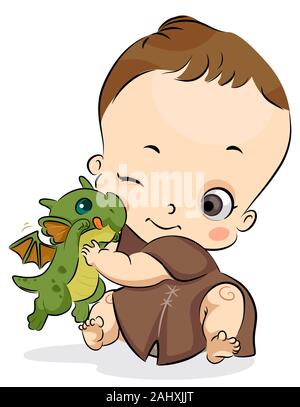 Illustration of a Kid Boy Toddler Wizard Hugging a Pet Dragon Stock Photo