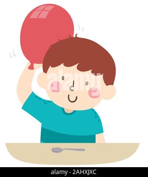 Illustration of a Kid Boy Doing a Small Lightning Experiment Using a Balloon and a Spoon Stock Photo
