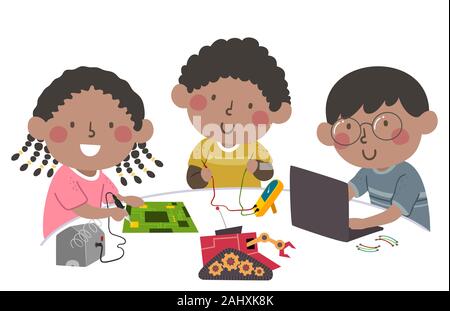 Illustration of African American Kids Making a Robot as a Team Using a Laptop, Chip and Other Tools Stock Photo