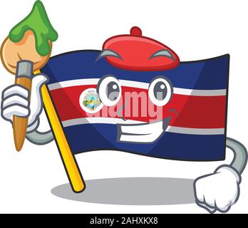 Funny flag costa rica Scroll Artist cartoon character holding brush Stock Vector