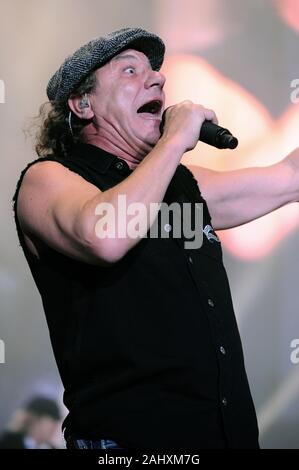 Brian Johnson during a performance by Australian rock band AC/DC at the ...