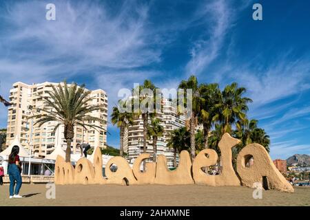 25th December 2019 - Malaga, Spain. La Malagueta beach in Malaga located in Costa Del Sol, Spain. Stock Photo