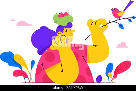 Illustration of a girl with a nest of chicks on her head. Vector. A woman listens to bird singing. Metaphor, concern for nature and children. Cartoon Stock Vector