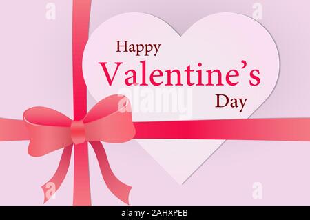 Happy Valentine Day on Heart shape paper for greeting cards and poster on gift box and bow - Vector Illustration. Stock Vector