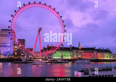 Landscape London skyline, London Eye, dusk, twilight, blue hour with the Southbank and County Hall, River Thames travel destination, London England UK
