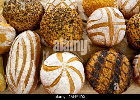 Different kinds of breads seen from above. Stock Photo