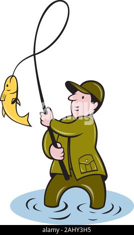 Cartoon fisherman with fish - color illustration Stock Photo - Alamy