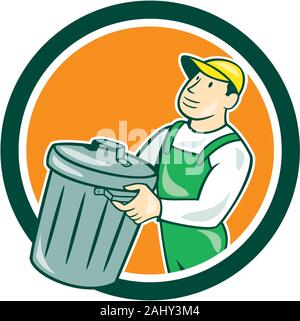 Illustration of a garbage collector carrying garbage waste rubbish bin ...