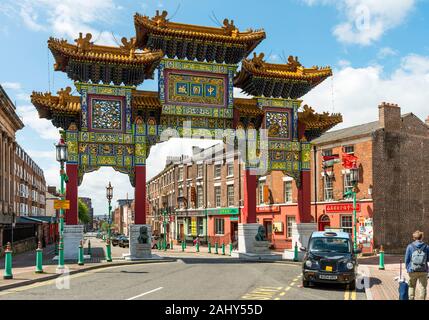 Chinatown Gate, a Chinese-style paifang, in Nelson Street, Liverpool, England, UK. Stock Photo