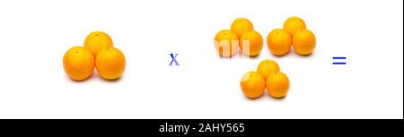 Math problems of simple multiplications with fruits, multiply with oranges, orange citrus fruit. Simple problems for children who are learning to mult Stock Photo