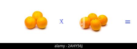 Math problems of simple multiplications with fruits, multiply with oranges, orange citrus fruit. Simple problems for children who are learning to mult Stock Photo