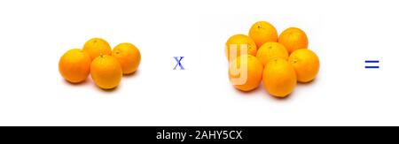 Math problems of simple multiplications with fruits, multiply with oranges, orange citrus fruit. Simple problems for children who are learning to mult Stock Photo