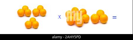 Math problems of simple multiplications with fruits, multiply with oranges, orange citrus fruit. Simple problems for children who are learning to mult Stock Photo