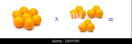 Math problems of simple multiplications with fruits, multiply with oranges, orange citrus fruit. Simple problems for children who are learning to mult Stock Photo