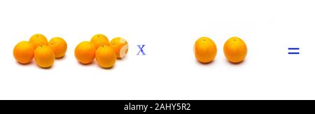 Math problems of simple multiplications with fruits, multiply with oranges, orange citrus fruit. Simple problems for children who are learning to mult Stock Photo