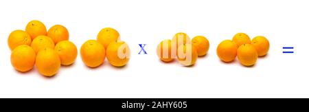 Math problems of simple multiplications with fruits, multiply with oranges, orange citrus fruit. Simple problems for children who are learning to mult Stock Photo