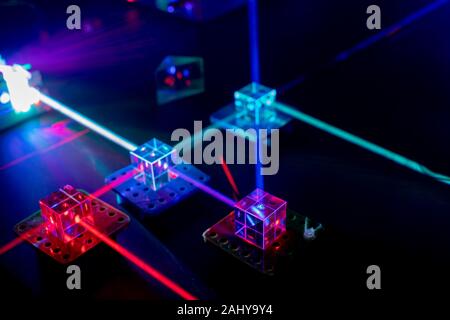 Laser beams in the laboratory of optical physics Stock Photo