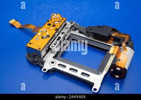 Camera shutter part. Electronic shutter device component of electronic photo camera. Stock Photo