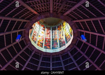 Stained glass lantern tower over the altar of Liverpool Metropolitan Cathedral, Liverpool, Merseyside, UK. Stock Photo