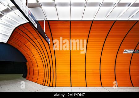 Orange ceramic tiling leading to the exit of the Marienplatz U-Bahn station in Altstadt, Munich, Bavaria, Germany.