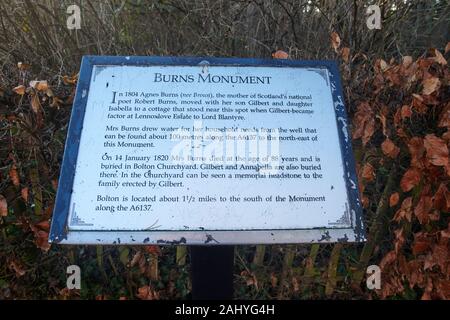 Monument to Robert Burns family showing were is family were born, in East Lothian, Scotland.UK.GB. Stock Photo