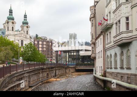 Karlovy Vary, Czech Republic - May 5, 2017: Street view of  Karlovy Vary resort spa town Stock Photo