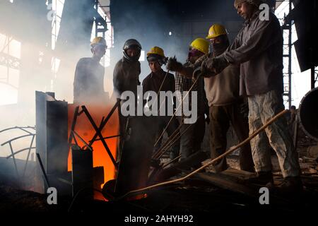 Blast furnace in the melt steel works, risky workers in steel factories are working at Demra, Dhaka, Bangladesh.